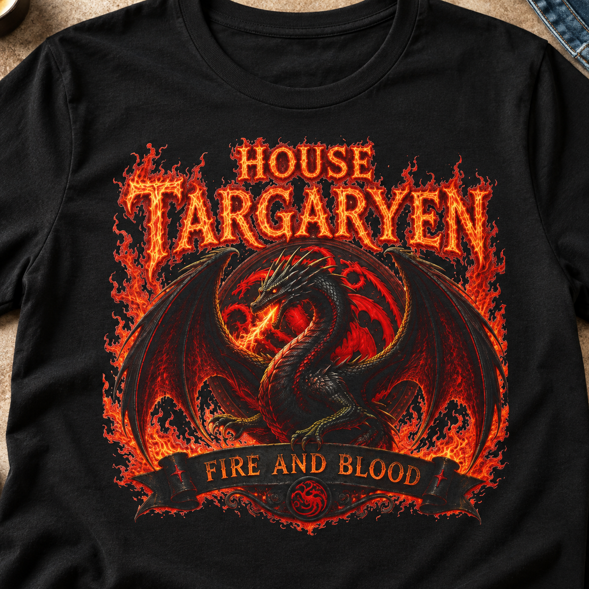 House Targaryen Fire and Blood Shirt | Dragon Tee — close-up lifestyle flat lay