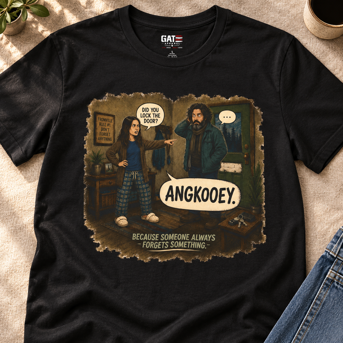 Fromville Angkooey Lock the Door Shirt | Funny Horror Tee — close-up lifestyle flat lay