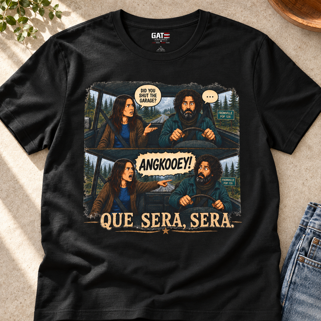 Fromville Angkooey Driving Shirt | Funny Horror Graphic Tee — close-up lifestyle flat lay