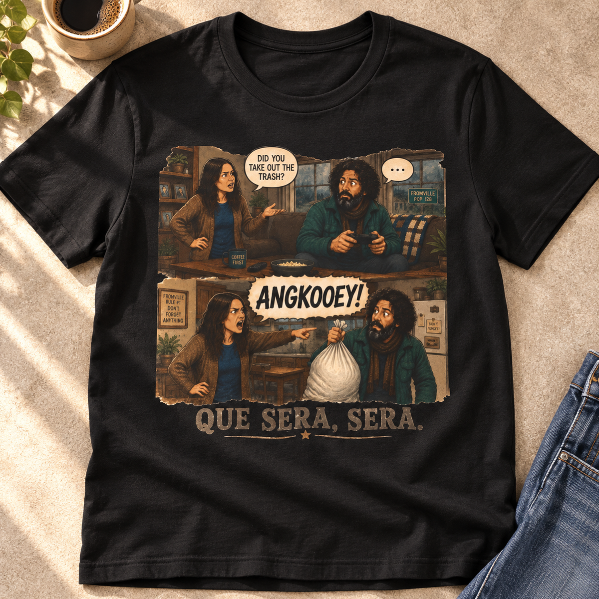 Fromville Angkooey Forgot the Trash Shirt | Funny Horror Tee — close-up lifestyle flat lay