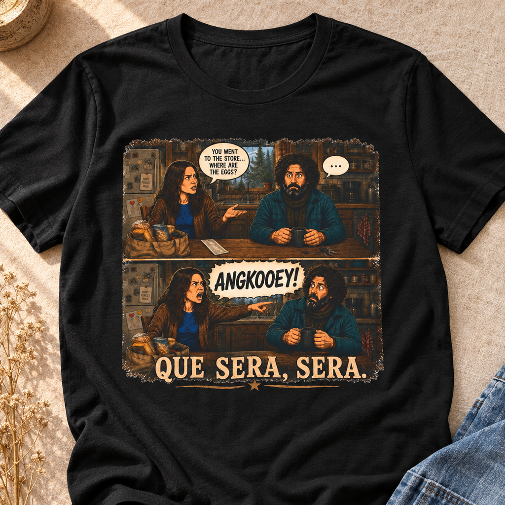 Fromville Angkooey Forgot the Eggs Shirt | Funny Horror Tee — close-up lifestyle flat lay