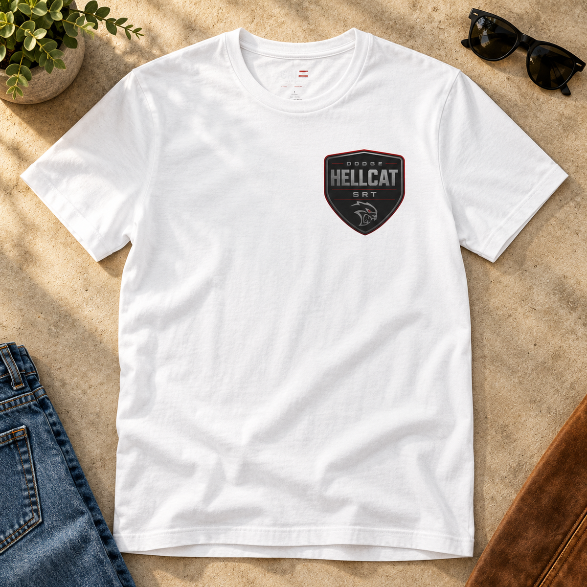 Dodge Hellcat SRT Shirt | Muscle Car Specs Graphic Tee — close-up lifestyle flat lay
