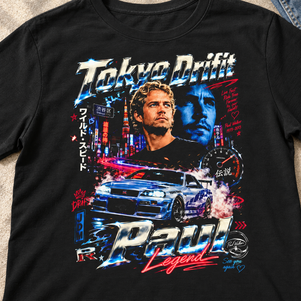Paul Walker Tokyo Drift Shirt | Retro Street Racing Tee — close-up lifestyle flat lay
