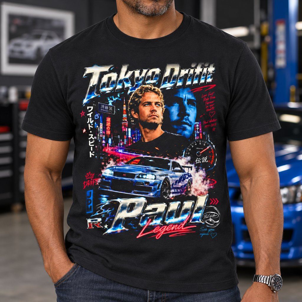 Paul Walker Tokyo Drift Shirt | Retro Street Racing Tee — close-up lifestyle mockup