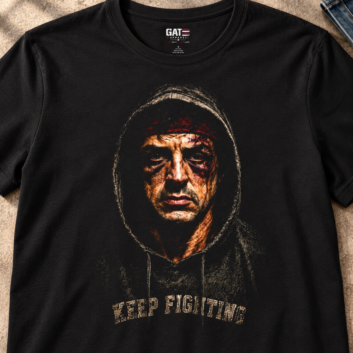Rocky Balboa Keep Fighting Shirt | Motivational Graphic Tee — close-up lifestyle flat lay