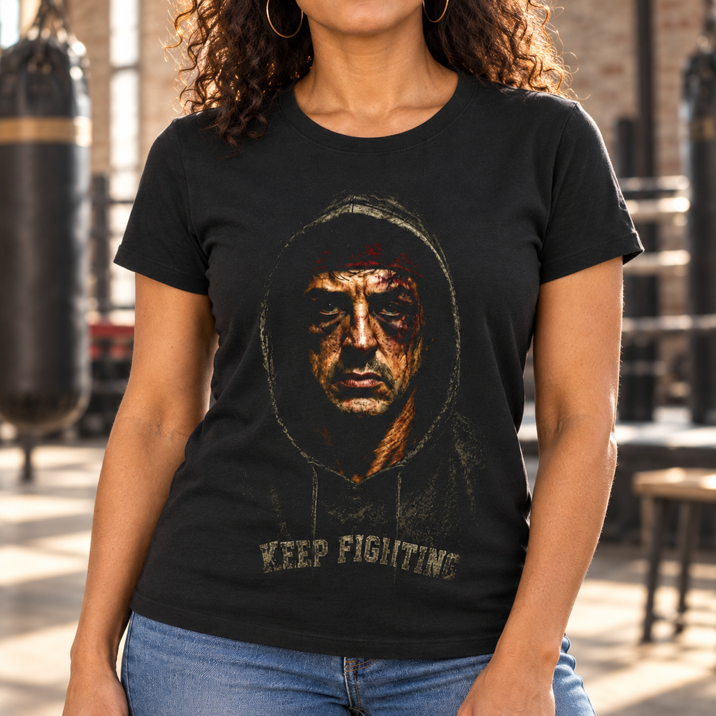 Rocky Balboa Keep Fighting Shirt | Motivational Graphic Tee — close-up lifestyle mockup