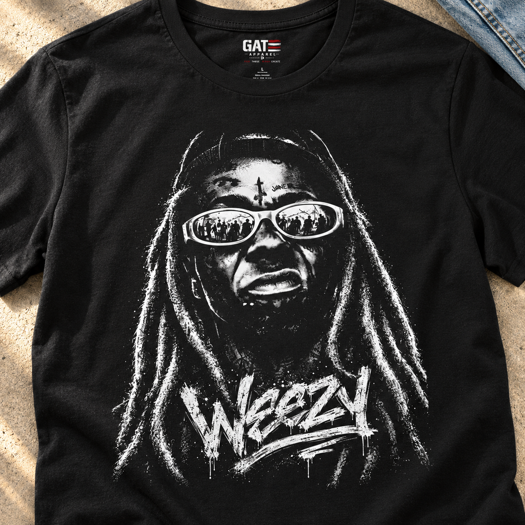 Lil Wayne Weezy Portrait Shirt | Hip-Hop Graphic Tee — close-up lifestyle flat lay