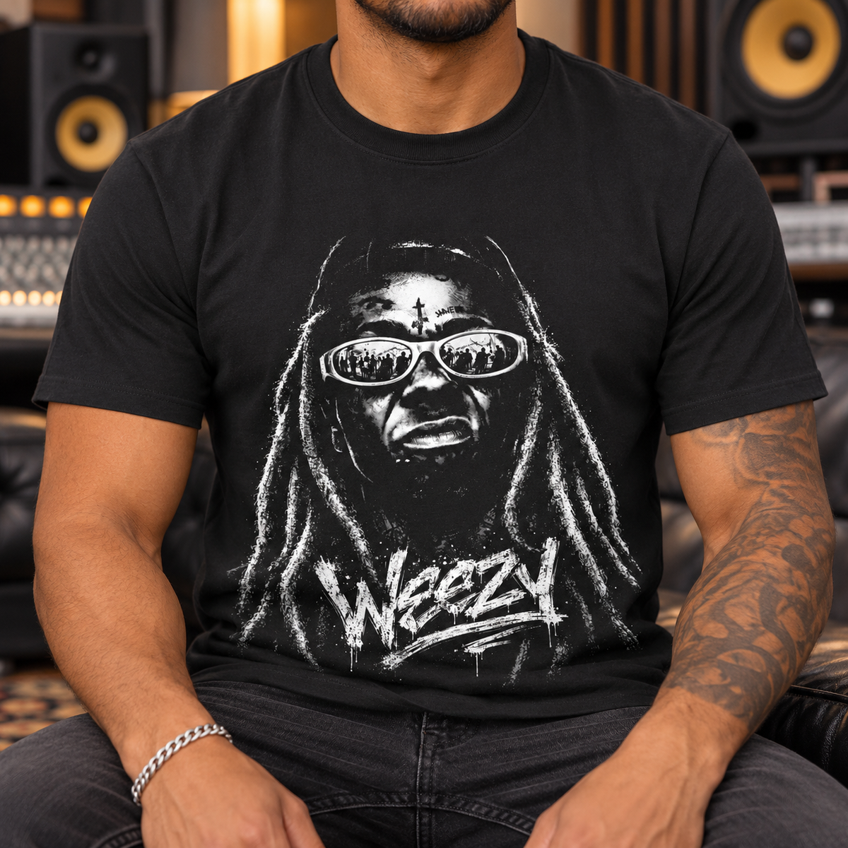 Lil Wayne Weezy Portrait Shirt | Hip-Hop Graphic Tee — close-up lifestyle mockup