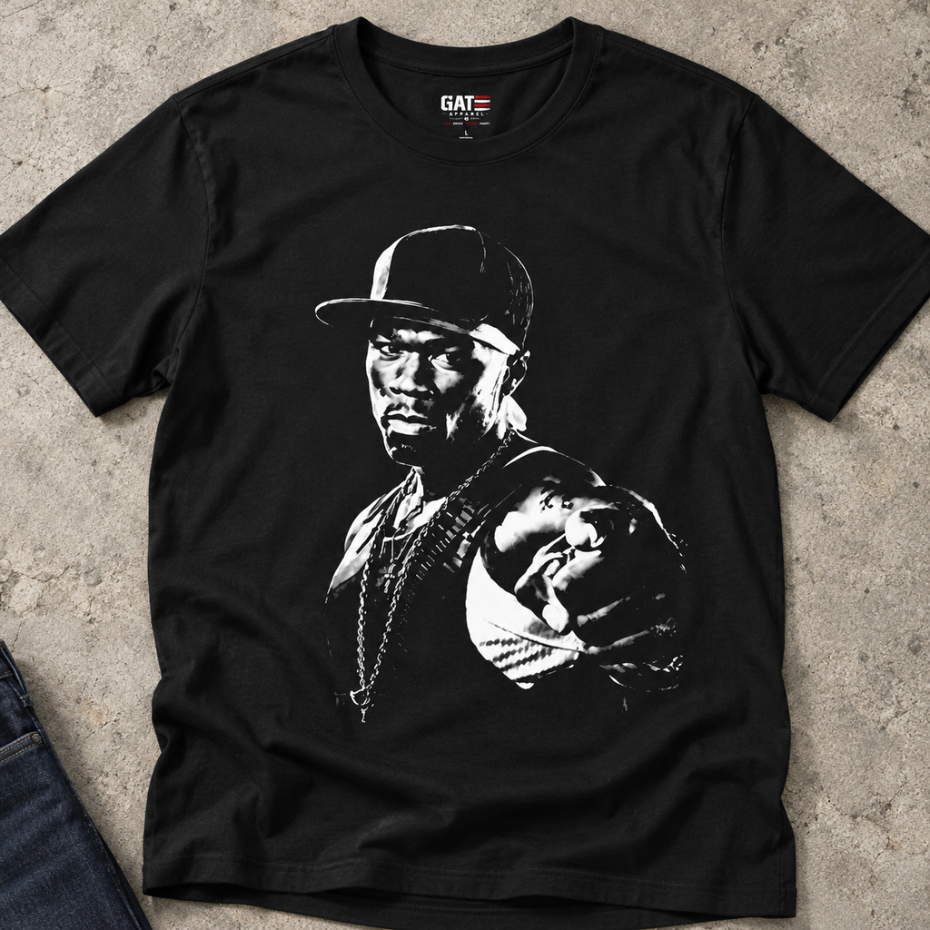 50 Cent G-Unit portrait black T-shirt in a close-up flat lay lifestyle photo