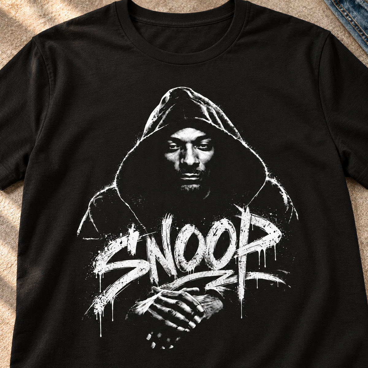Snoop Dogg Street Art Shirt | Hip-Hop Graphic Tee — close-up lifestyle flat lay