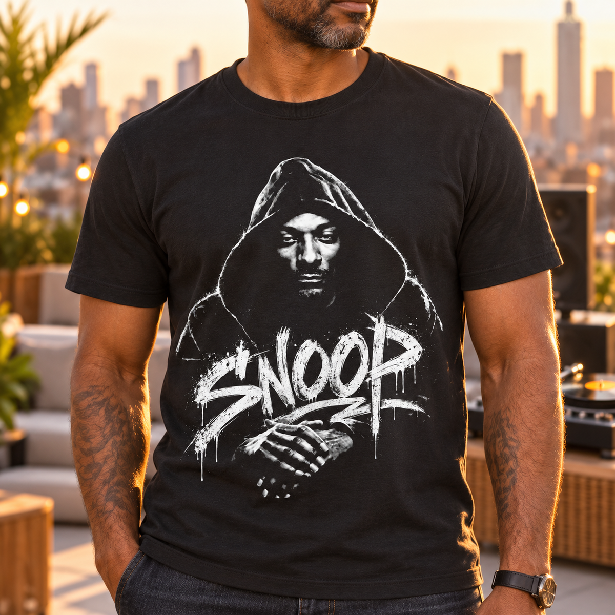 Snoop Dogg Street Art Shirt | Hip-Hop Graphic Tee — close-up lifestyle mockup