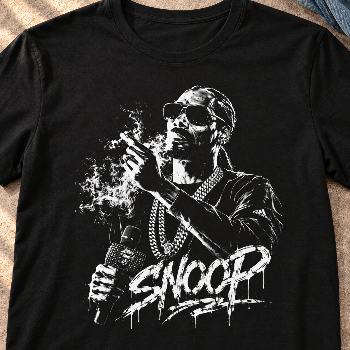 Snoop Dogg Street Art Shirt | Hip-Hop Graphic Tee Style 2 — close-up lifestyle flat lay
