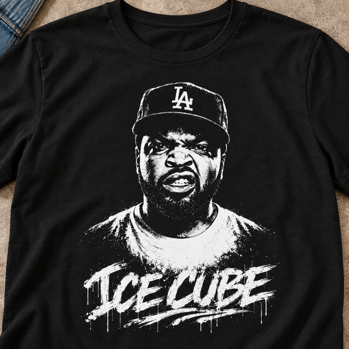 Ice Cube Street Art Shirt | Hip-Hop Graphic Tee — close-up lifestyle flat lay
