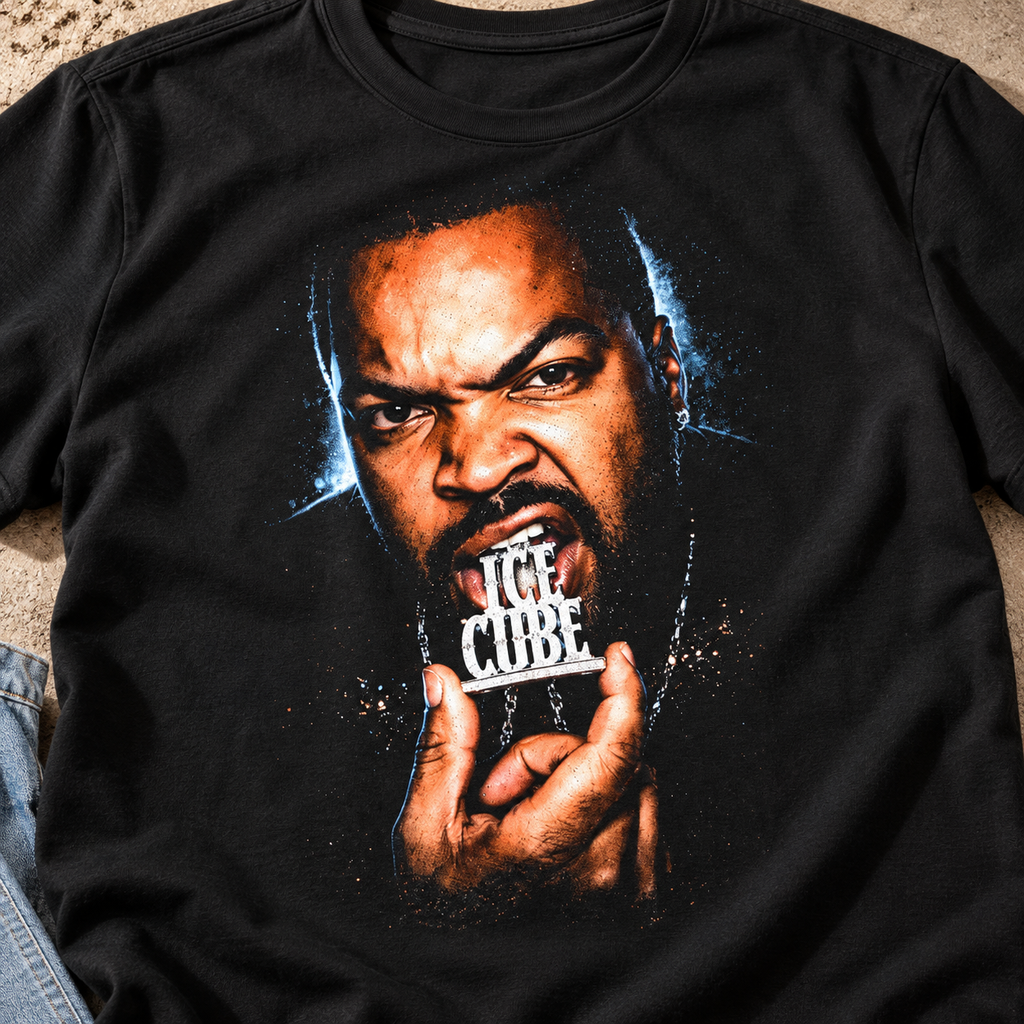 Ice Cube Street Art Shirt | Hip-Hop Graphic Tee Style 2 — close-up lifestyle flat lay