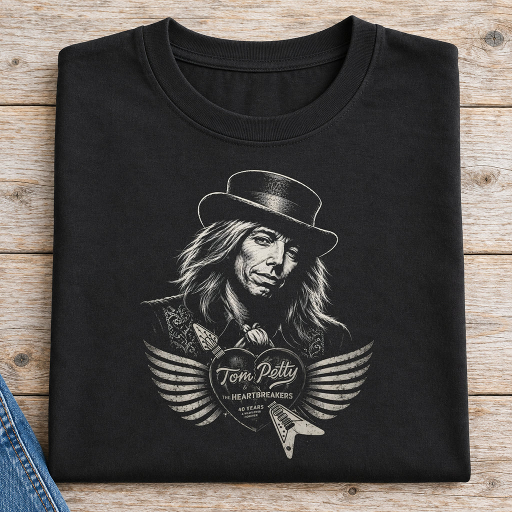 Tom Petty Tribute Shirt | Winged Heart Guitar Tee — folded shirt with original artwork