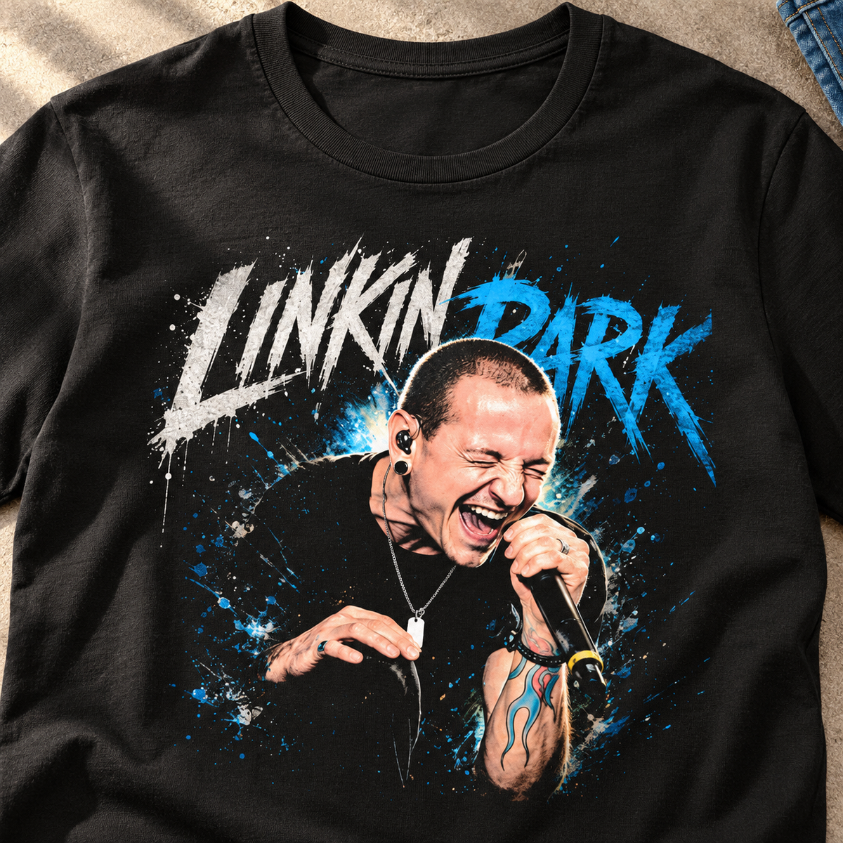Linkin Park Chester Bennington Tribute Shirt | Band Tee — close-up lifestyle flat lay