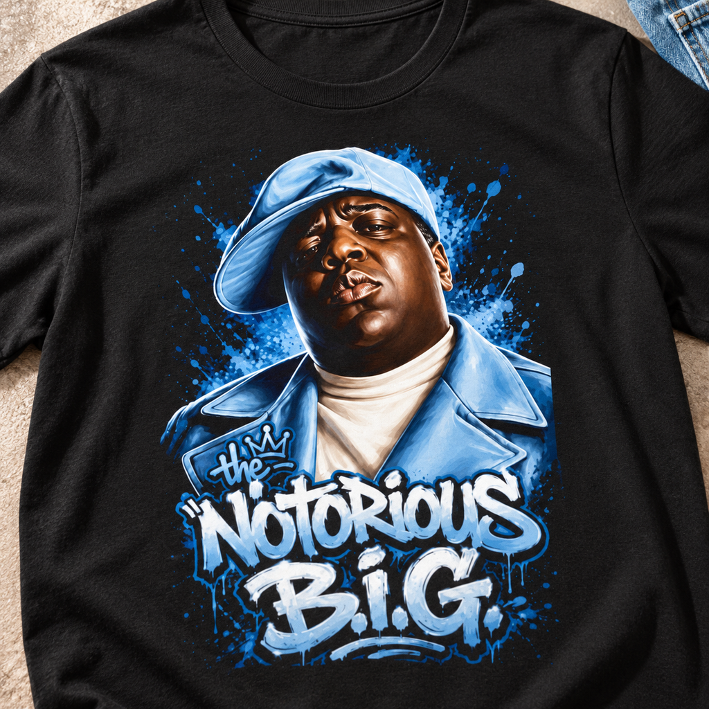 Notorious B.I.G. Tribute Shirt | Vintage Hip-Hop Graphic Tee — close-up lifestyle flat lay