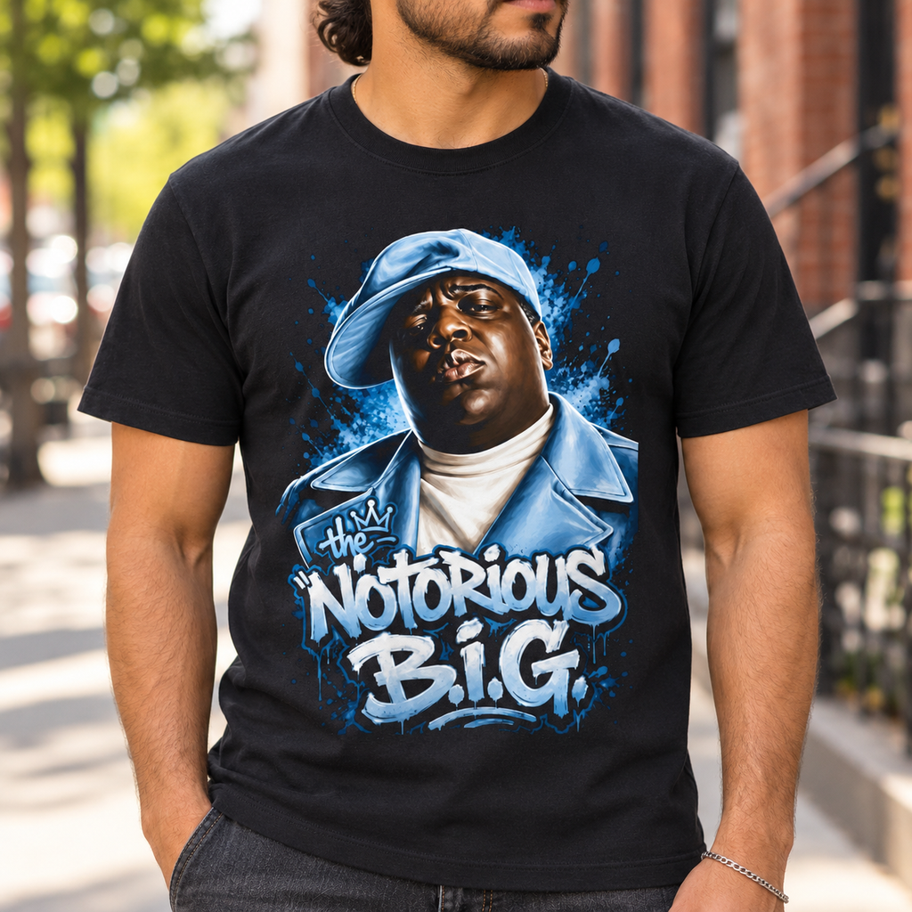 Notorious B.I.G. Tribute Shirt | Vintage Hip-Hop Graphic Tee — close-up lifestyle mockup