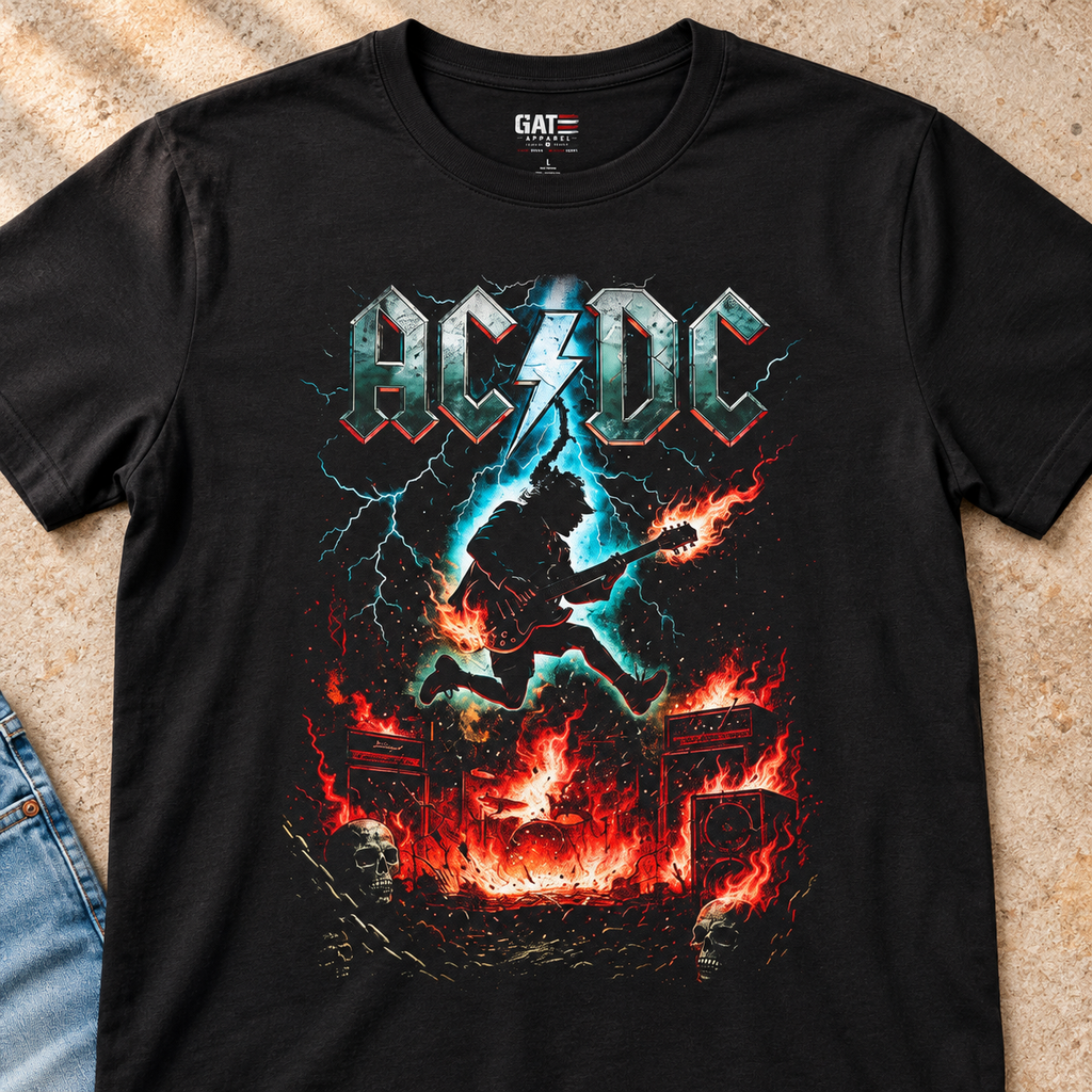 AC/DC Lightning Guitar Shirt | Vintage Rock Tee — close-up lifestyle flat lay