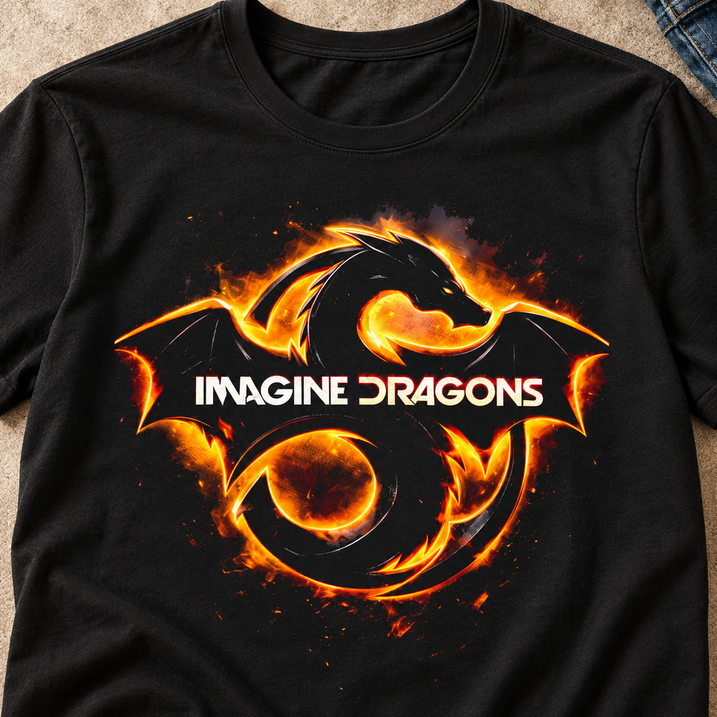 Imagine Dragons Fire Logo Shirt | Rock Band Tee — close-up lifestyle flat lay