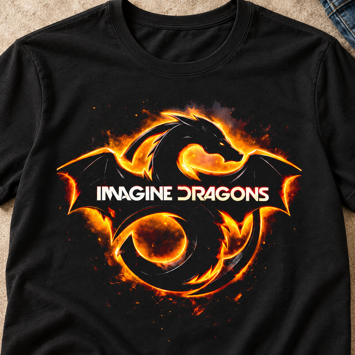 Imagine Dragons Fire Logo Shirt | Rock Band Tee — close-up lifestyle flat lay