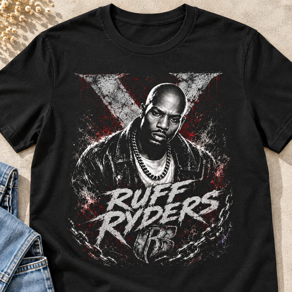 DMX Ruff Ryders Shirt | Vintage Rap Tribute Tee — close-up lifestyle flat lay