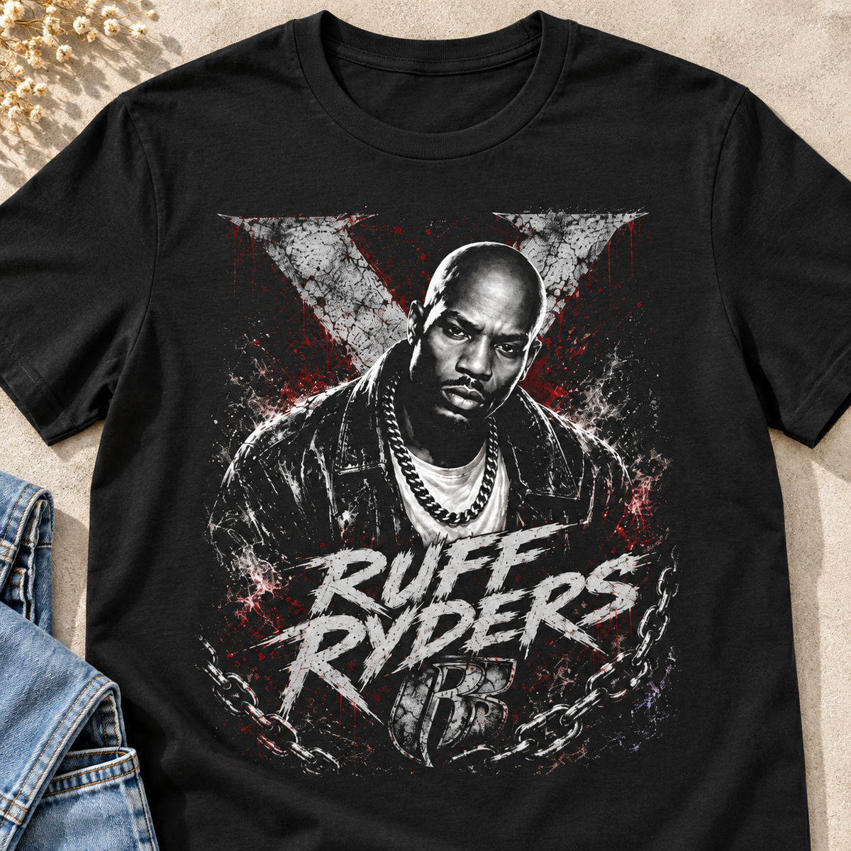 DMX Ruff Ryders Shirt | Vintage Rap Tribute Tee — close-up lifestyle flat lay