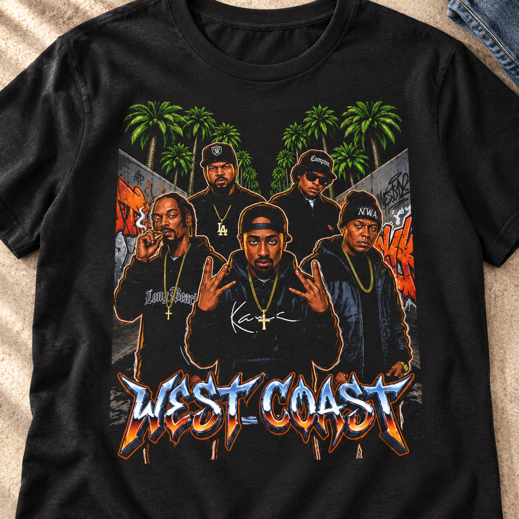 West Coast Rap Crew Shirt | Vintage Hip-Hop Tee — close-up lifestyle flat lay