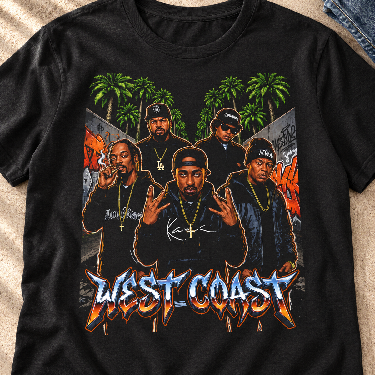 West Coast Rap Crew Shirt | Vintage Hip-Hop Tee — close-up lifestyle flat lay