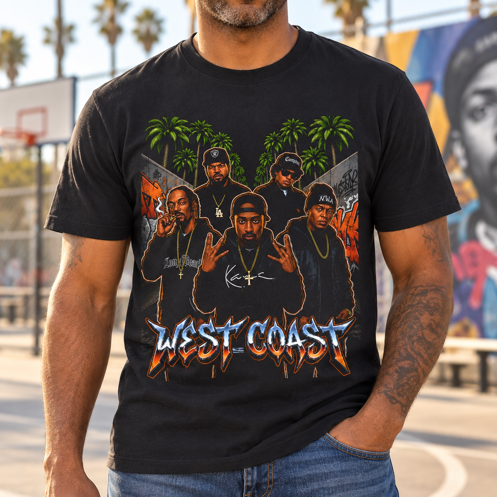 West Coast Rap Crew Shirt | Vintage Hip-Hop Tee — close-up lifestyle mockup