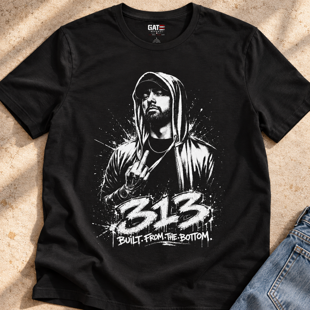 Eminem Slim Shady 313 Shirt | Rap Graphic Tee — close-up lifestyle flat lay