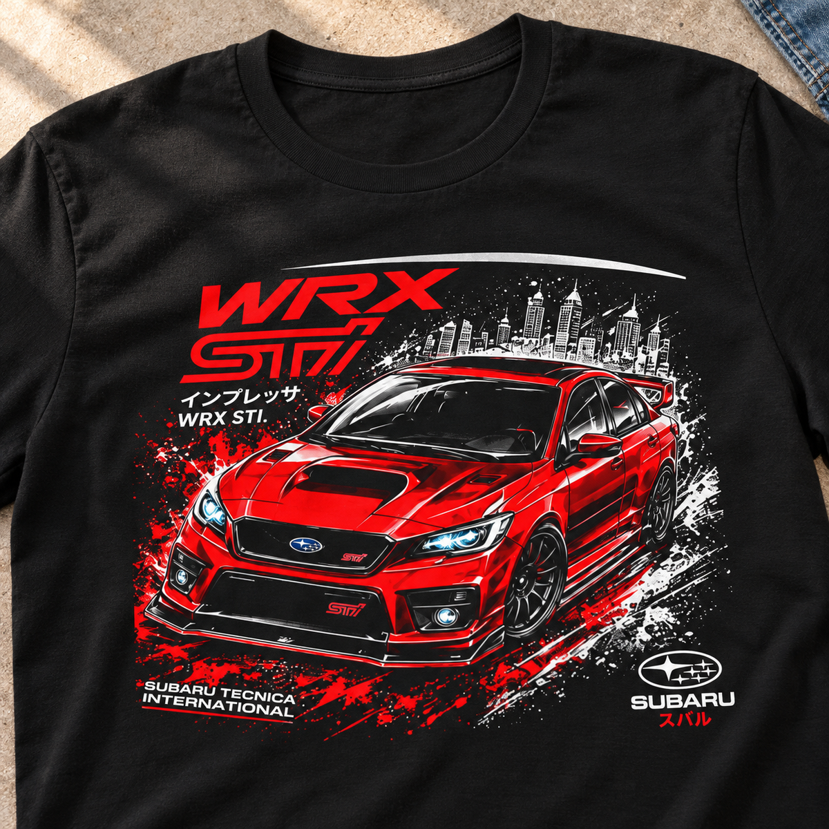 Subaru WRX STI Racing Shirt | JDM Performance Graphic Tee — close-up lifestyle flat lay