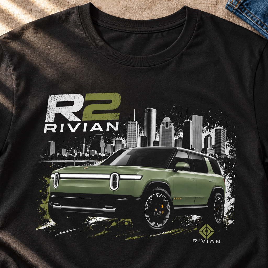 Rivian R2 Electric SUV Shirt | Cityscape Adventure Tee — close-up lifestyle flat lay