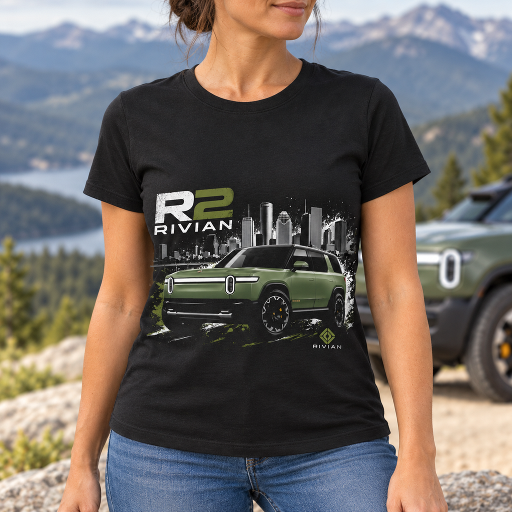 Rivian R2 Electric SUV Shirt | Cityscape Adventure Tee — close-up lifestyle mockup