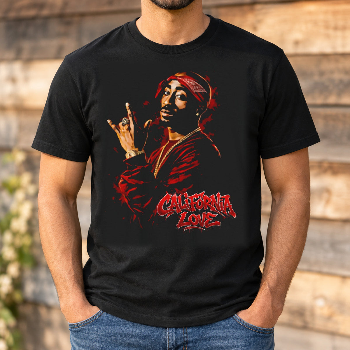 California Love Rap Portrait Shirt | Red Bandana Graphic Tee — man wearing shirt with original artwork