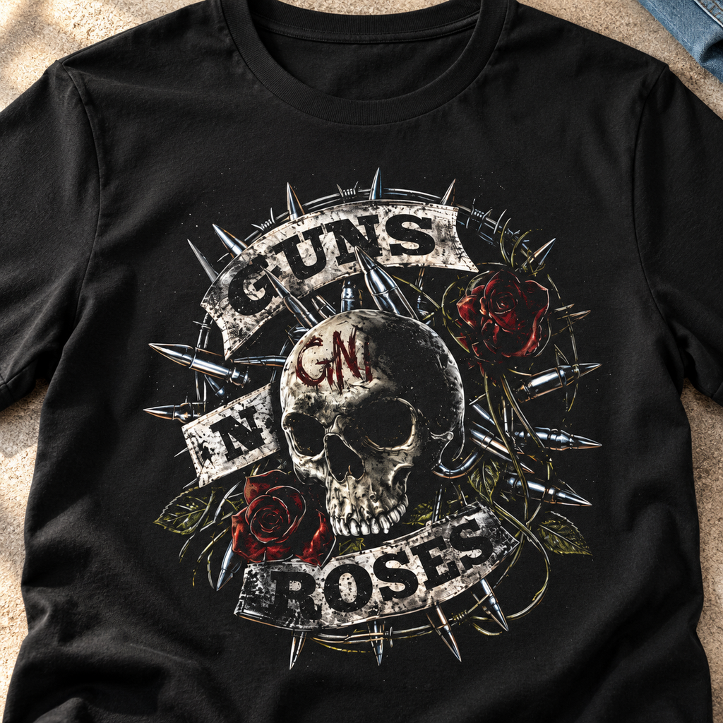 Guns N' Roses Skull & Roses Shirt | Rock Band Tee — close-up lifestyle flat lay