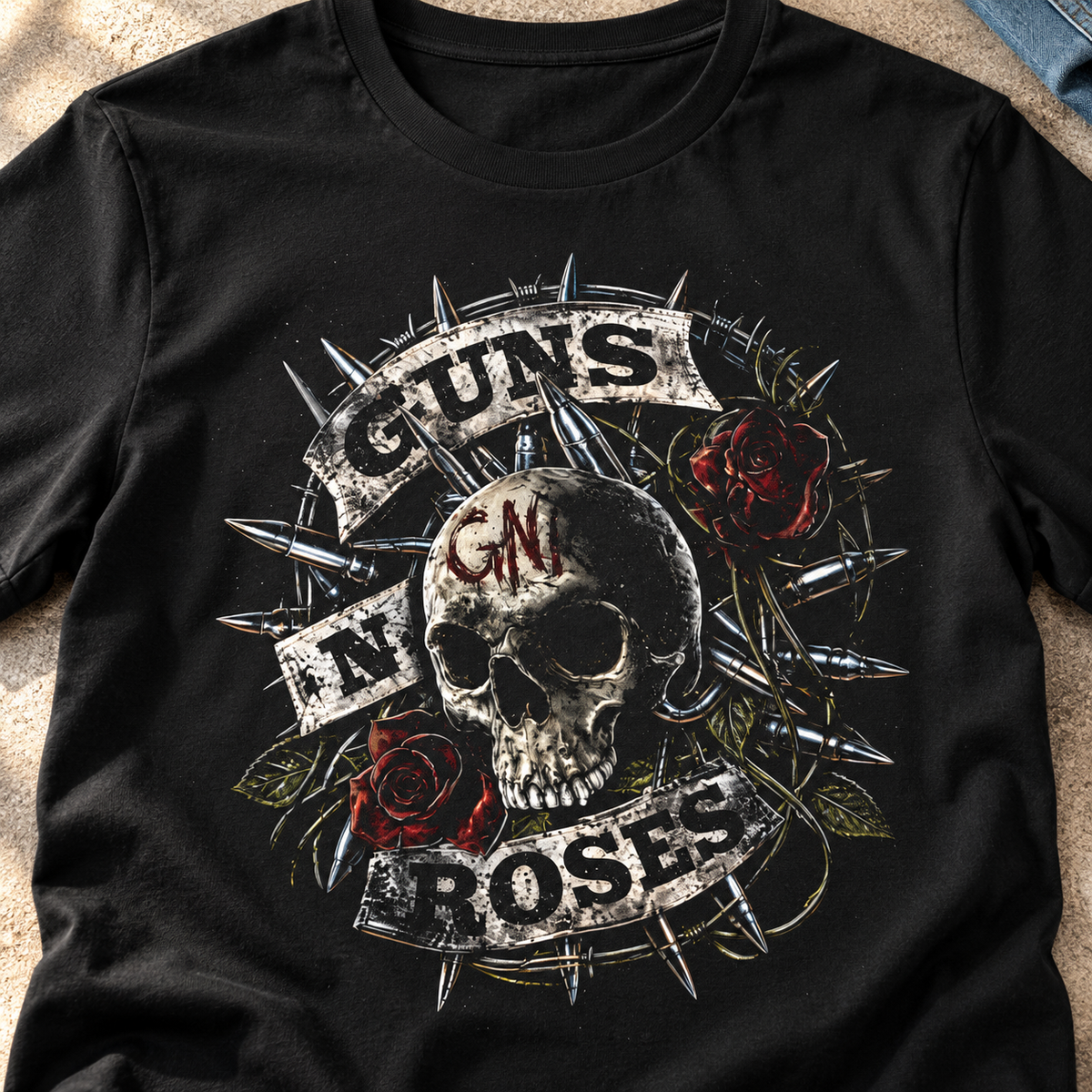 Guns N' Roses Skull & Roses Shirt | Rock Band Tee — close-up lifestyle flat lay