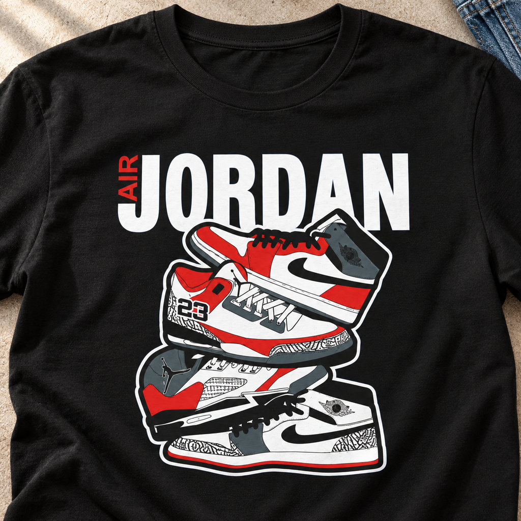 Jordan Sneaker Stack Shirt | Retro Basketball Shoe Tee — close-up lifestyle flat lay