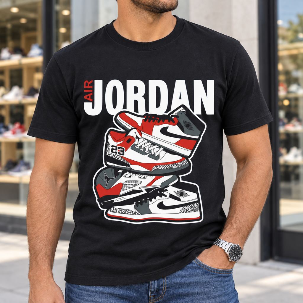 Jordan Sneaker Stack Shirt | Retro Basketball Shoe Tee — close-up lifestyle mockup