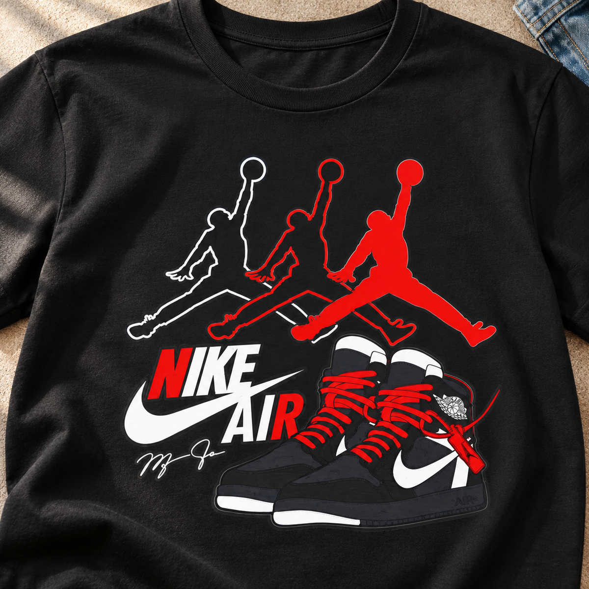 Nike Air Jumpman Sneaker Shirt | Graphic Tee — close-up lifestyle flat lay