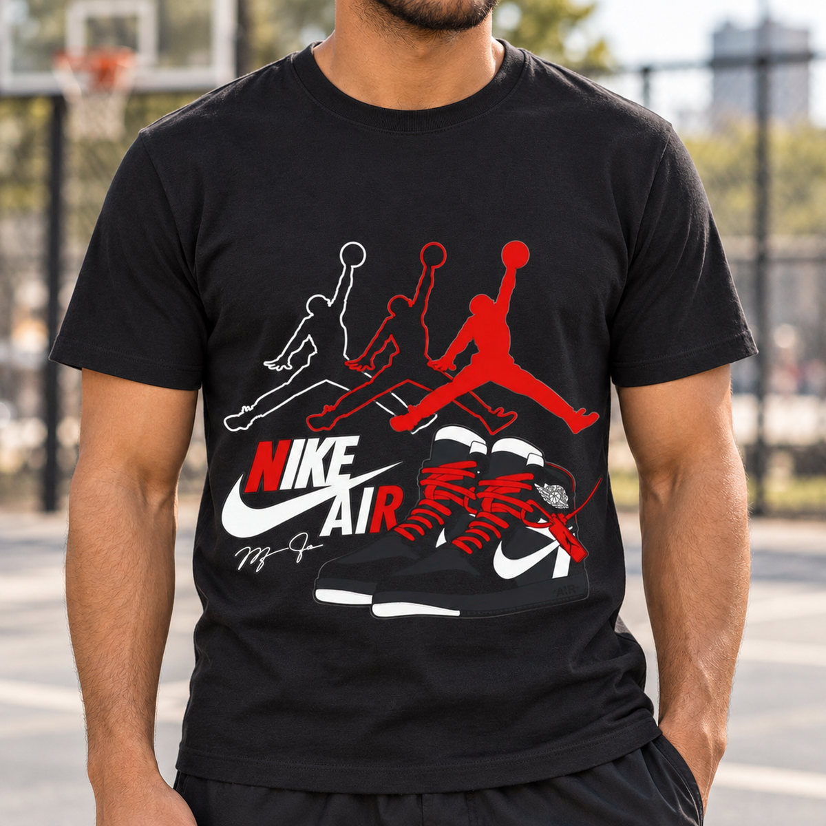 Nike Air Jumpman Sneaker Shirt | Graphic Tee — close-up lifestyle mockup