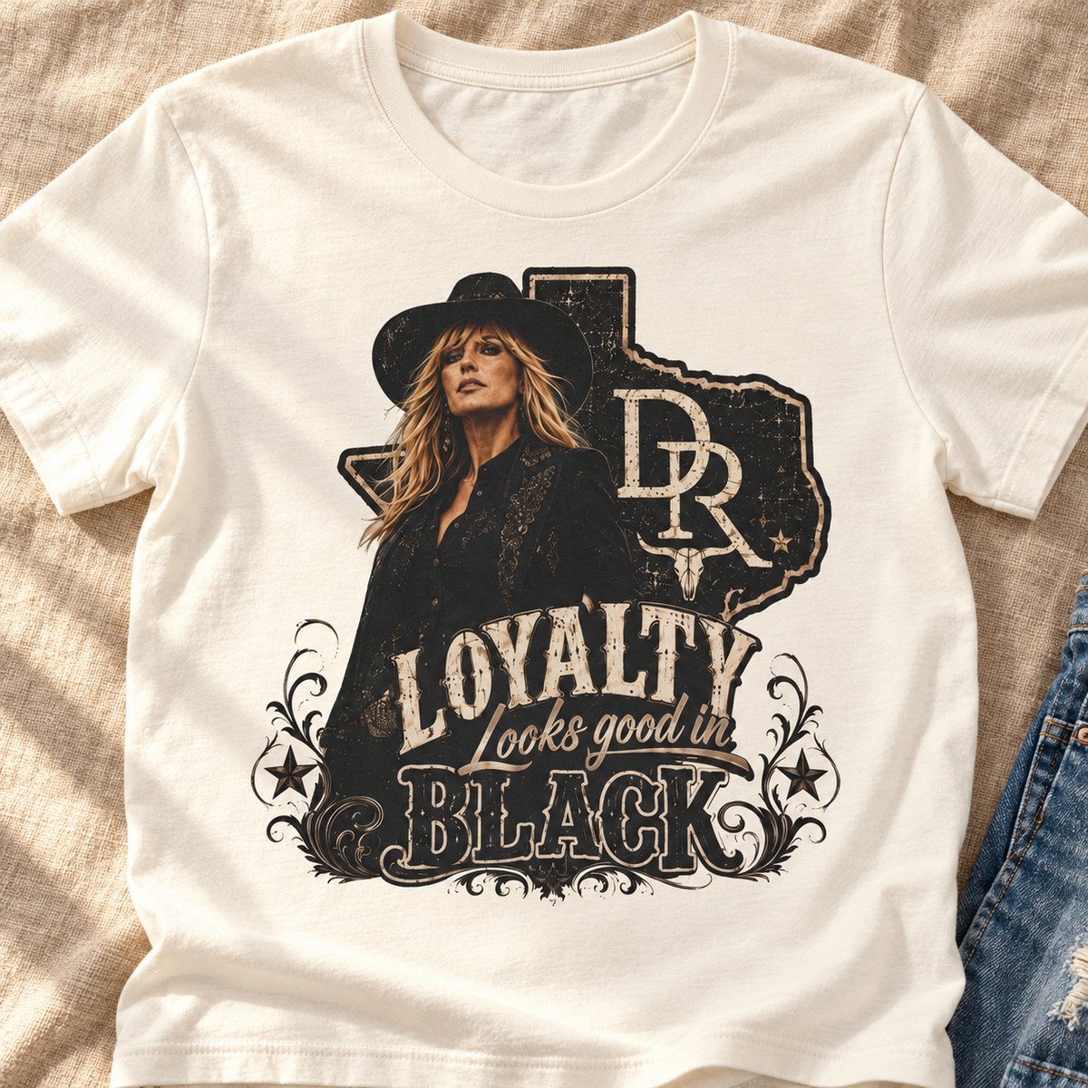 Beth Dutton Loyalty Looks Good in Black Shirt | Western Tee — close-up lifestyle flat lay