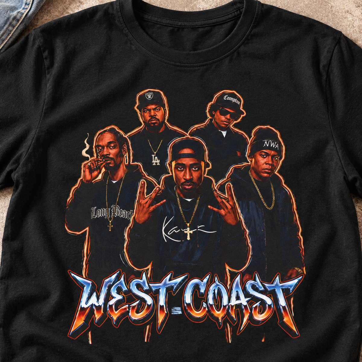 West Coast Rap Crew Shirt | Vintage Hip-Hop Tee Style 2 — close-up lifestyle flat lay