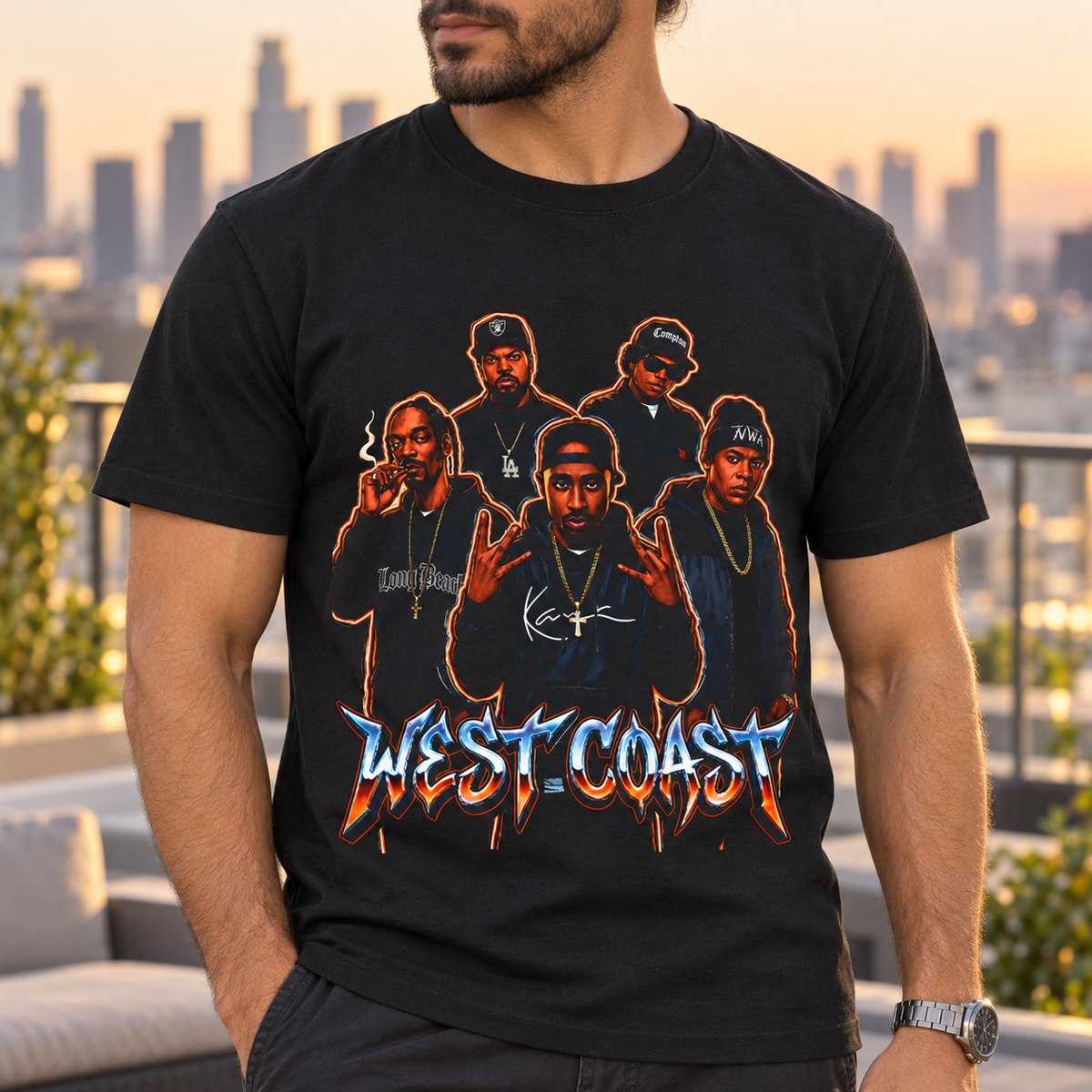West Coast Rap Crew Shirt | Vintage Hip-Hop Tee Style 2 — close-up lifestyle mockup