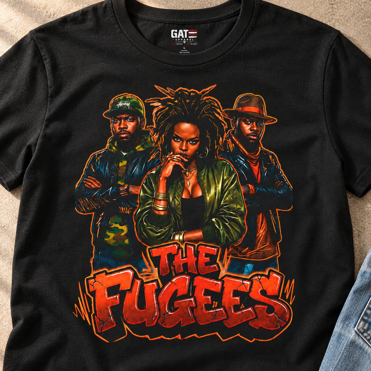 The Fugees Vintage Hip-Hop Band Shirt — close-up lifestyle flat lay