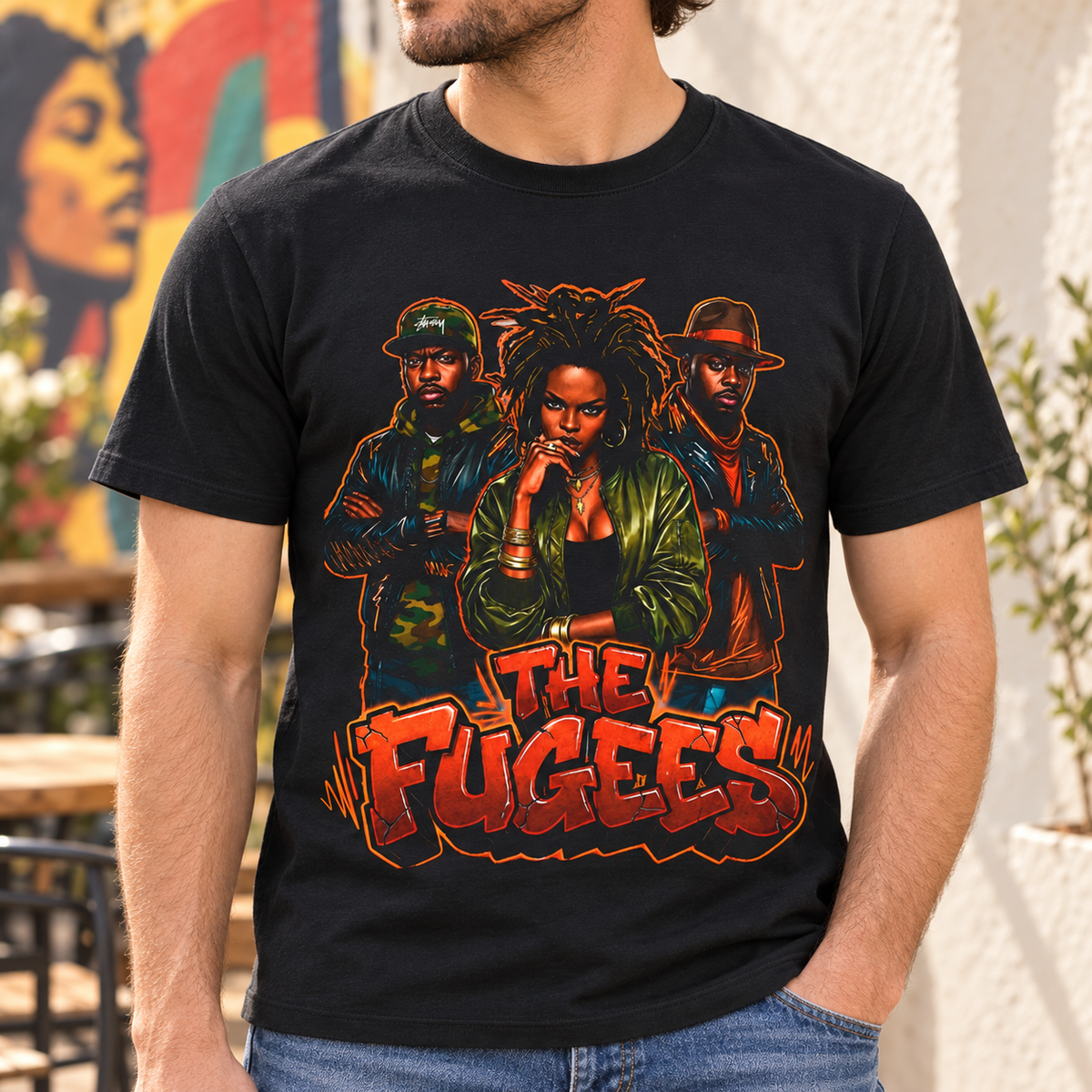 The Fugees Vintage Hip-Hop Band Shirt — close-up lifestyle mockup