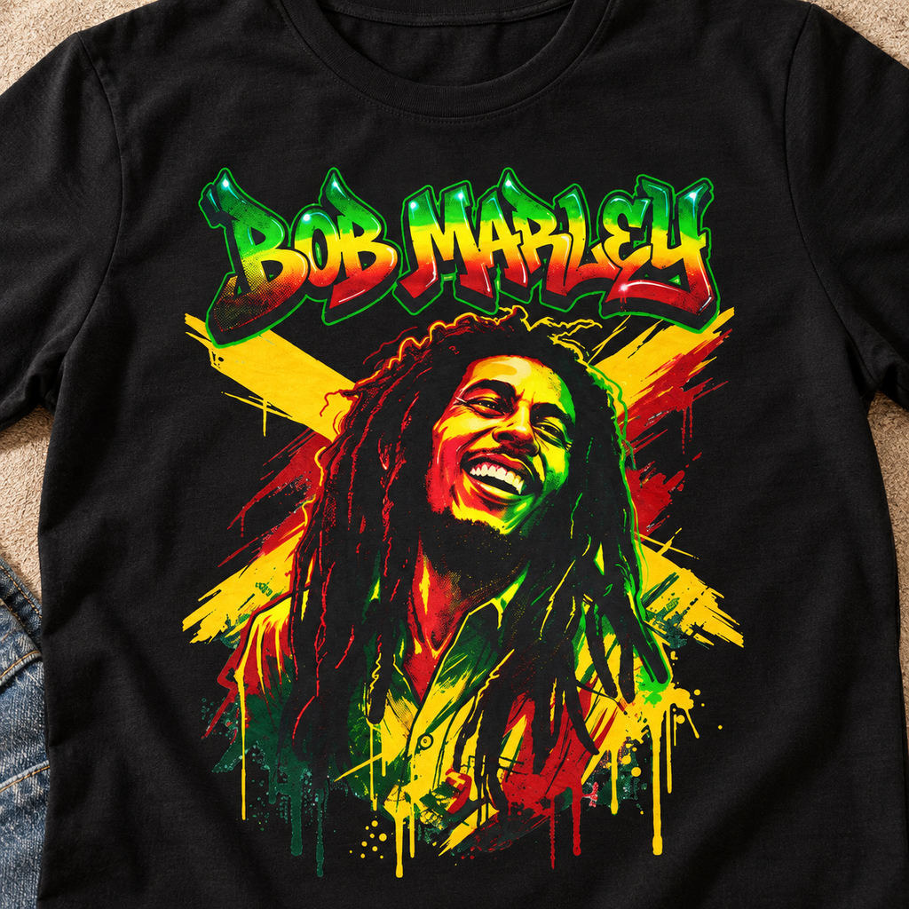 Reggae Legend Portrait Shirt | Rasta Colors Music Tee — close-up lifestyle flat lay