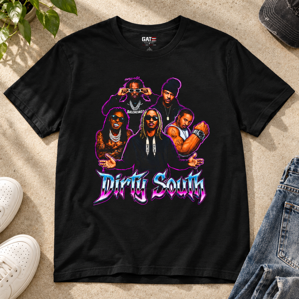 Dripin South Retro Hip-Hop Crew Shirt — close-up lifestyle flat lay