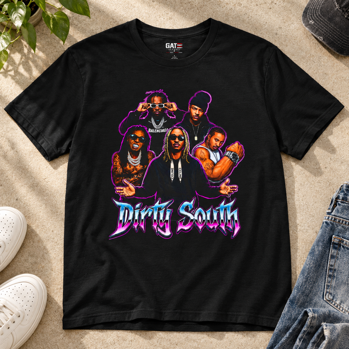 Dripin South Retro Hip-Hop Crew Shirt — close-up lifestyle flat lay