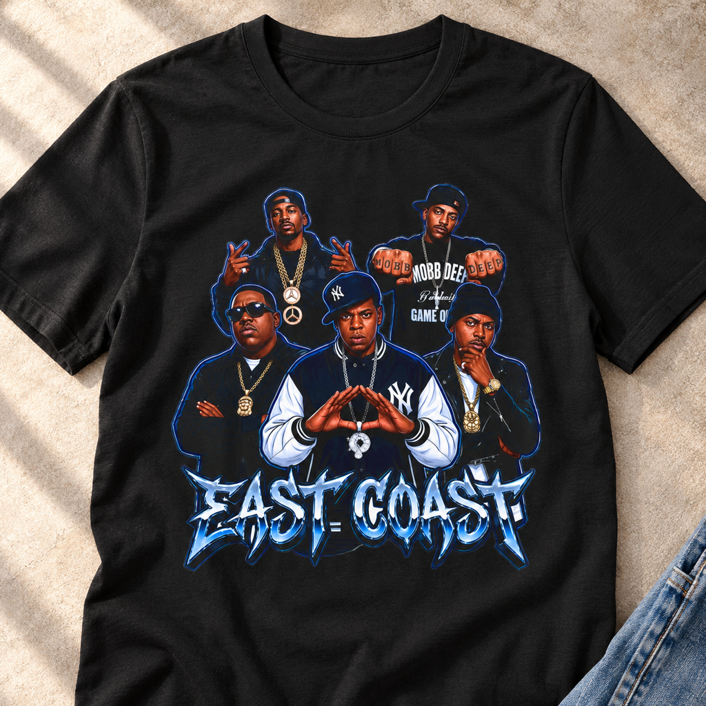 East Coast Hip-Hop Shirt | Vintage Rap Group Tee — close-up lifestyle flat lay